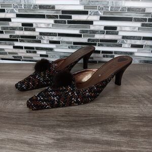 J.Renee Multicolor Tweed Kitten Heels with Pom-Pom 6.5M Mules